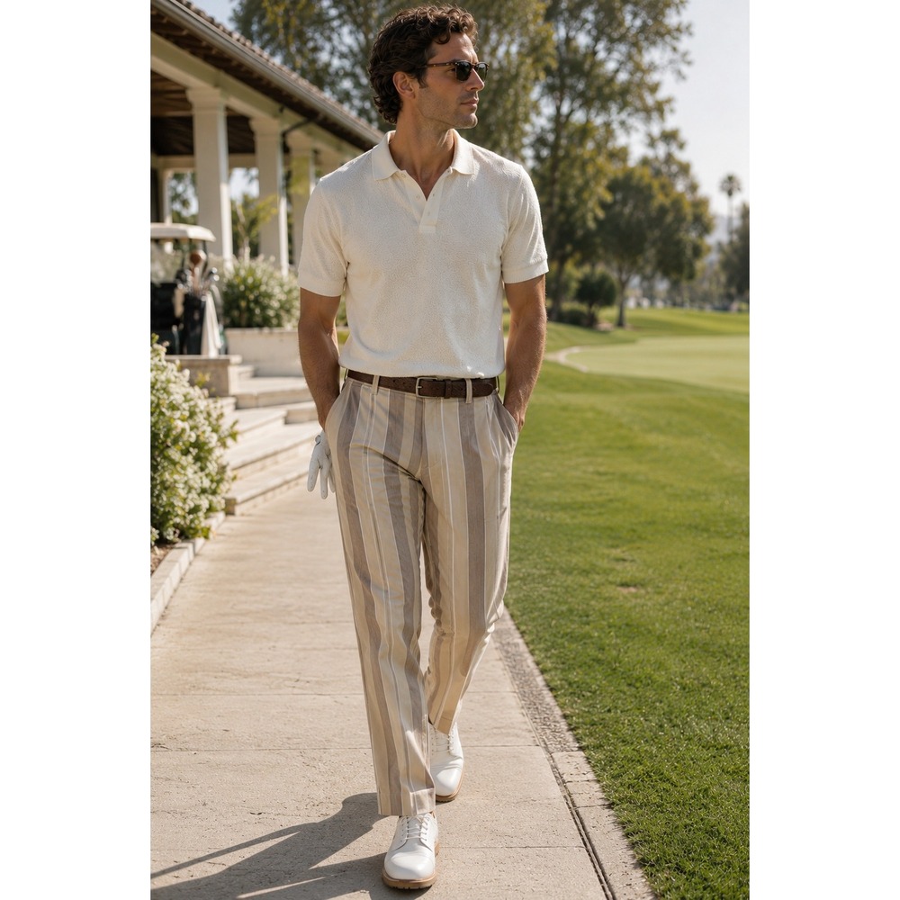 NWT Loudmouth Golf Tan‎ Taupe Stripe Stretch Flat Front Pants Resort 32x32